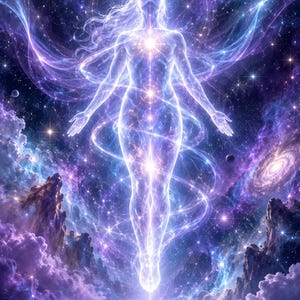 Könnte beinhalten: Eine leuchtende, durchscheinende menschliche Gestalt schwebt in einer kosmischen Weite, gefüllt mit wirbelnden violetten und blauen Nebeln, fernen Galaxien und leuchtenden Sternen. Die Figur strahlt helles weißes Licht aus ihrem Zentrum aus.