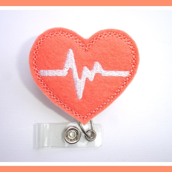 Retractable badge holder - nurse badge holder - Heartbeat EKG light coral felt with white - Nurses RN doctor medical staff