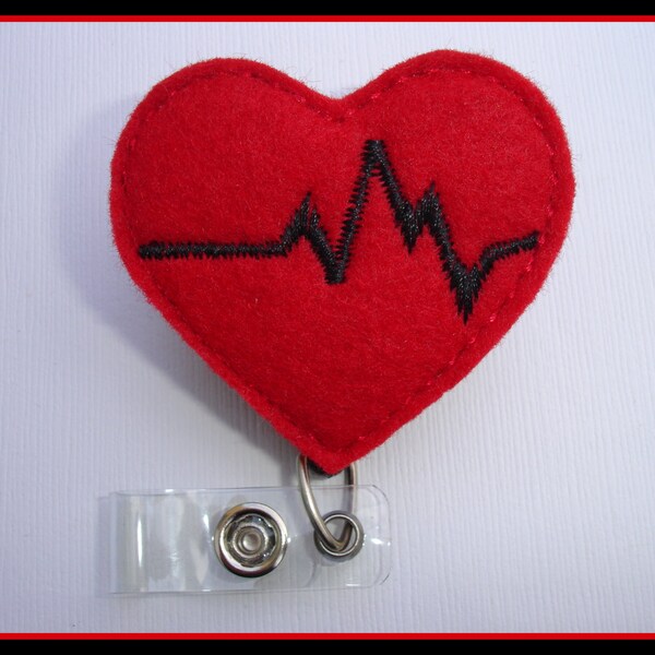 Badge Reel ID Holder Retractable - Heartbeat EKG red felt - Nurses RN doctor medical staff