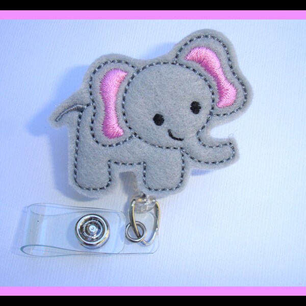 Cute Badge Holder Retractable - Elephant Love - grey felt elephant - nurse teacher professionals