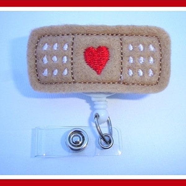 Badge Reel ID Holder Retractable - Stick it - tan red white felt band aid - Nurse RN doctor pediatrician