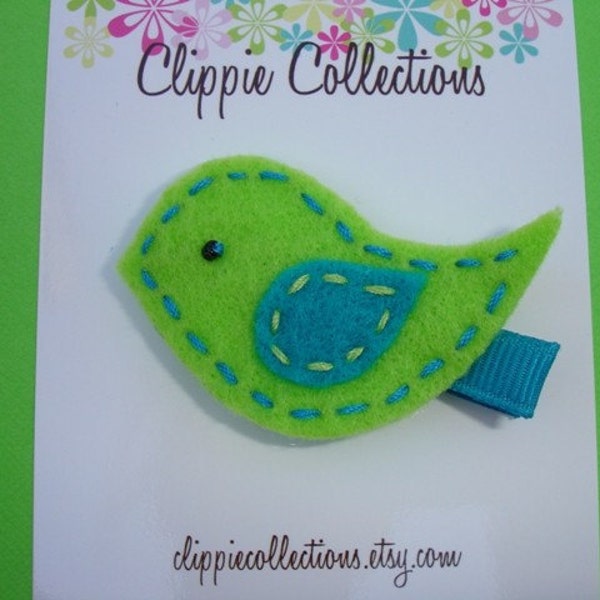 Lovey dovey clippie - bird felt hair clip - lime green and teal dark turquoise - no slip