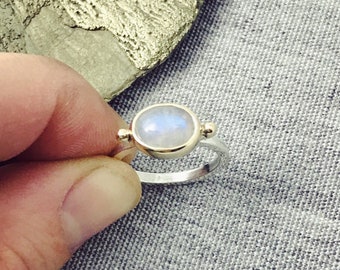 East West Oval Rainbow Moonstone Ring, Fabricated in 14k Yellow Gold and Sterling Silver