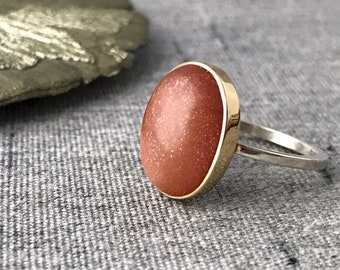 Sunstone Sterling Silver & 14K Yellow Gold Oval Ring // Bezel Set Sunstone  // Oval Sunstone Ring // Orange Sunstone Ring // Sunstone Ring