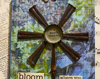 BeerCap Flower - BLUE BLOOM - 5 x 7 on Cradled Board