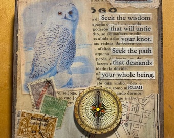 Seek The Wisdom - Mixed Media Assemblage on Salvaged Wood