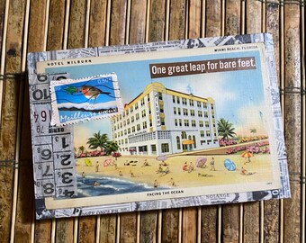 FACING THE OCEAN - Vintage Postcard Mixed Media Art 6 x 4