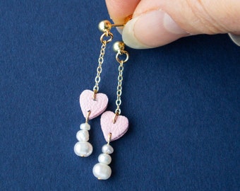 Dainty Pink Heart Earrings on Ball Studs w/ Freshwater Pearls