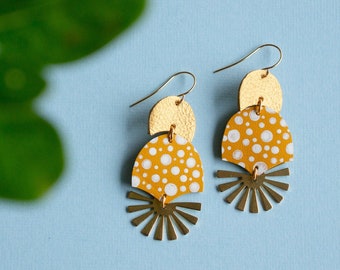 Radial Burst Mustard Yelllow w/ White Spots Earrings - Reclaimed Leather Statement Art Deco Earrings