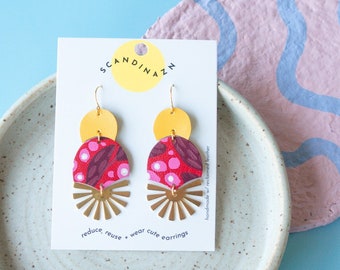 Radial Burst Red Botanicals Earrings - Hand Painted Reclaimed Leather Statement Earrings