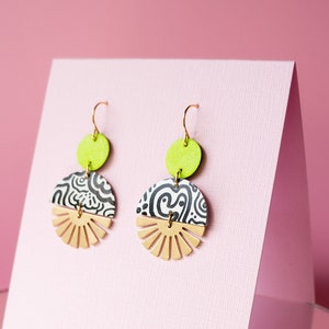 Radial Baby Burst Earrings in White Black Squiggle Pattern w/ Lime Green Circle Reclaimed Leather Statement Art Deco Earrings image 3