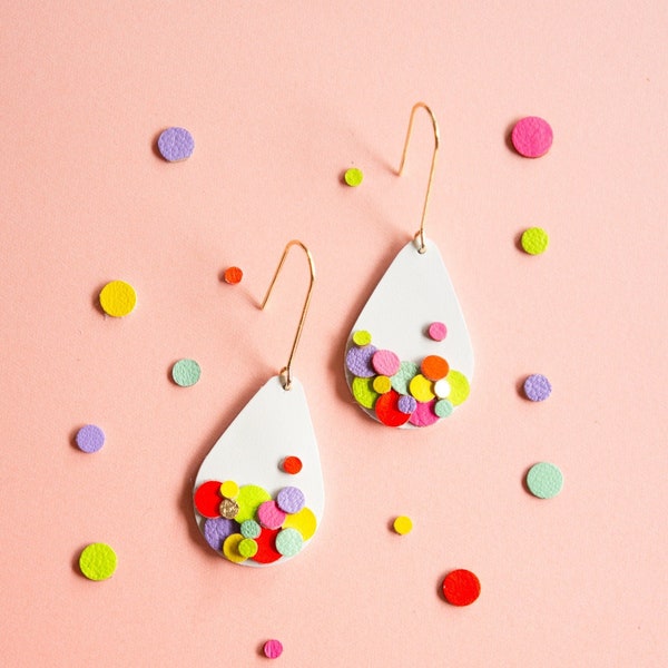 Confetti Teardrop Earrings in Neon + White - Lightweight Statement Leather earrings made with Scraps