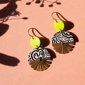 Radial Baby Burst Earrings in White Black Squiggle Pattern w/ Lime Green Circle Reclaimed Leather Statement Art Deco Earrings image 5