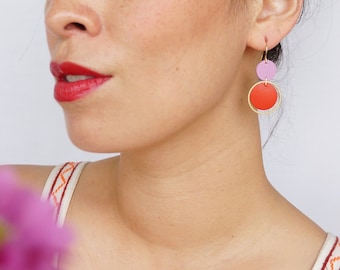 Pink + Red Orbit Leather Earrings - Colourful Retro Statement Earrings