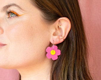 Hot Pink Zinnia Hoops - Reclaimed Leather Sustainable Y2K Nostalgia Lightweight Hoop Earrings