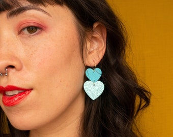 Sparkling Sweethearts Earrings in Blue + Turquoise - Reclaimed Leather Statement Valentine Earrings