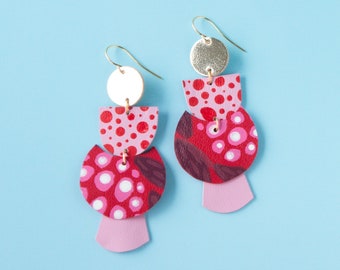 All Smiles Squiggle Earrings - Botanical Pattern + Spotted Red Pink Large Statement Leather Earrings