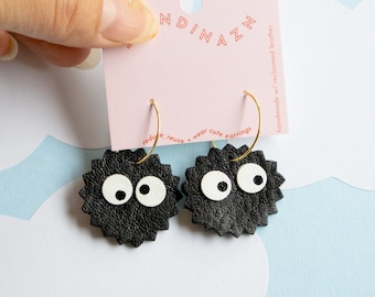 Regular Makkuro Kurosuke / Soot Sprites Earrings - Single Sprites- Reclaimed Leather Lightweight Statement Earrings