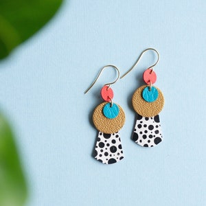 Layered Circles Spotted Leather Statement Earrings - Hand Painted on Reclaimed Leather in Gold, Red and Blue
