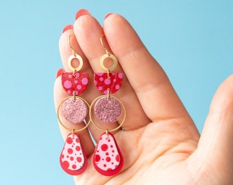 Glitter Goals Chandelier Drops - Reclaimed Leather Statement Earrings in Pink / Red