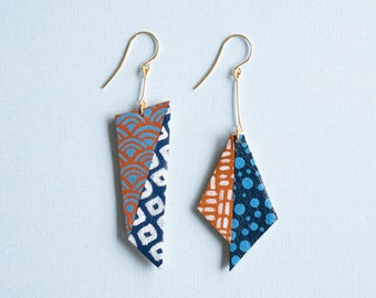 Origami Indigo Asymmetrical Japanese Inspired hand painted leather statement earrings // hitaishou  非対称