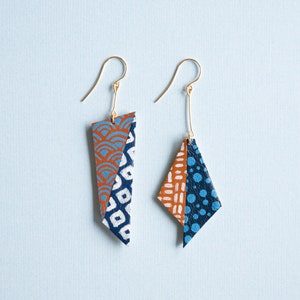 Origami Indigo Asymmetrical Japanese Inspired hand painted leather statement earrings // hitaishou 非対称 image 1