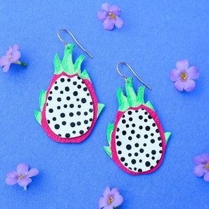 Juicy Dragonfruit Earrings Reclaimed Leather Statement Fruit Earrings image 2