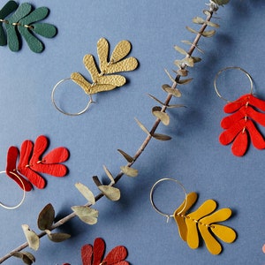 Botanical Leaf Hoop Earrings in Salmon Peach Oak Leaf Leather Statement Earrings on 14K Gold-Plated Hoops or Hooks image 3