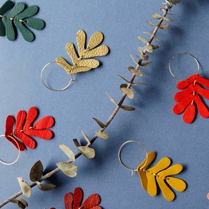 Botanical Leaf Hoop Earrings in Ochre Mustard Yellow Oak Leaf Leather Statement Earrings on 14K Gold-Plated Hoops and Hooks image 3