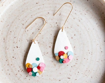 Rainbow Confetti Leather Teardrop Statement Earrings - Long 14K Gold Plated Hooks