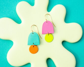 Archlet Earrings - Reclaimed Leather Statement Earrings in Asymmetrical Neon - Sustainable Minimalist Earrings