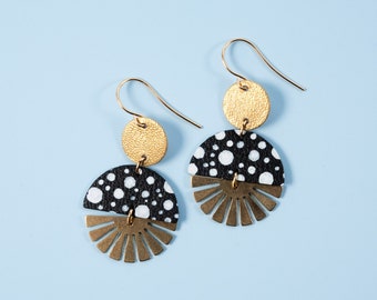 Radial Baby Burst Earrings in Black w/ White Polka Dots - Reclaimed Leather Statement Art Deco Earrings