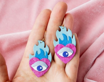 Hearts on Fire - Flaming Heart + Evil Eye Statement Earrings in Blue / Purple