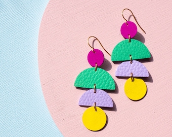 Kinkou 均衡 - Balance Earrings in Synthwave Neons - Lightweight Statement Leather earrings with Geometric Shapes