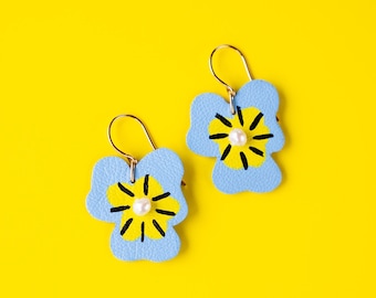 Sky Blue Pansy Leather Earrings with Yellow Centers and Freshwater Pearls