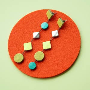 Cascading Shapes Long Earrings in Assorted Green - made w/ Reclaimed Leather