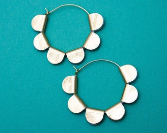 Scalloped Hoop Earrings -Metallic Gold Lamé Scrap Leather Statement earrings - Art Deco Floral Hoop Earrings