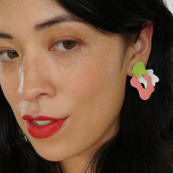 Abstract Ear Jackets, Geometric Leather Earrings, Painted Earrings, Pink, Green, White, Behind Ear Earring, Statement Earrings