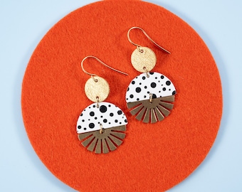 Radial Baby Burst Earrings in White w/ Black Polka Dots - Reclaimed Leather Statement Art Deco Earrings