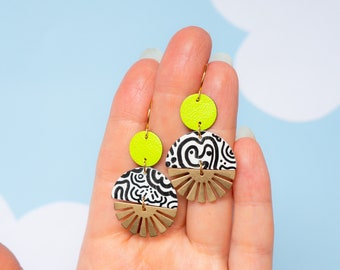 Radial Baby Burst Earrings in White + Black Squiggle Pattern w/ Lime Green Circle - Reclaimed Leather Statement Art Deco Earrings