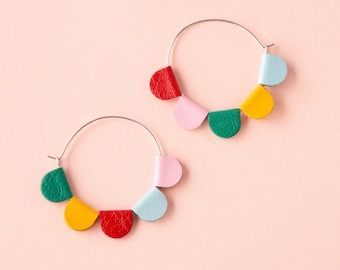 Rainbow Daisy Petal Hoop Earrings - Reclaimed Leather Sustainable Y2K Nostalgia Big Hoop Earrings