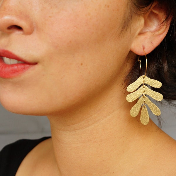 Botanical Leaf Hoop Earrings in Metallic Gold - Oak Leaf Leather Statement Earrings on 14K Gold-Plated Hoops and Hooks