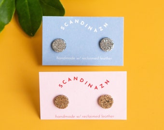 Glitter Leather Sparkly Circle Studs - Metallic Gold / Silver Reclaimed Leather Round Shimmer Small Earrings