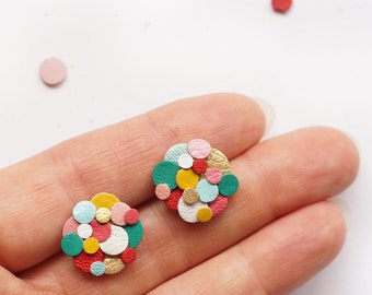 Rainbow Confetti Leather Statement Studs - Lightweight Colourful Reclaimed Leather Earrings