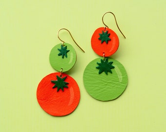 Red + Green Tiered Tomato Earrings - Asymmetrical, Lightweight & Made from Reclaimed Leather