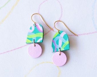 Archlet Earrings in Aqua Green + Multicolour Squiggle - Reclaimed Leather Minimalist Earrings