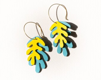 Wakame Seaweed Hoops in Sky Blue + Yellow - Reclaimed Leather Statement Hoops