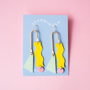 Squiggle Mobile Earrings in Yellow + Mint Green - Colourful Asymmetrical Statement Leather earrings with Geometric Shapes
