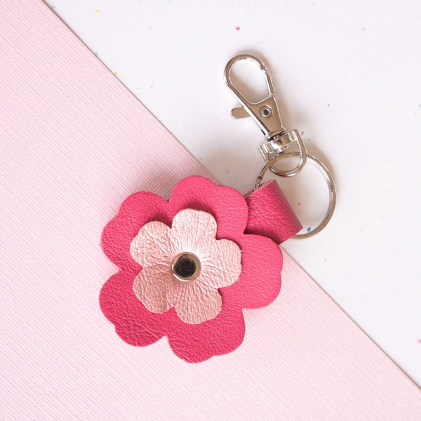 Sakura Flower Keychain - Reclaimed Leather Cherry Blossom Kawaii Design - in Pink