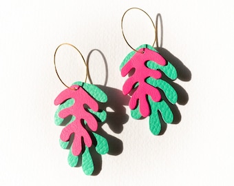 Wakame Seaweed Hoops in Cerulean + Neon Hot Pink - Reclaimed Leather Statement Hoops